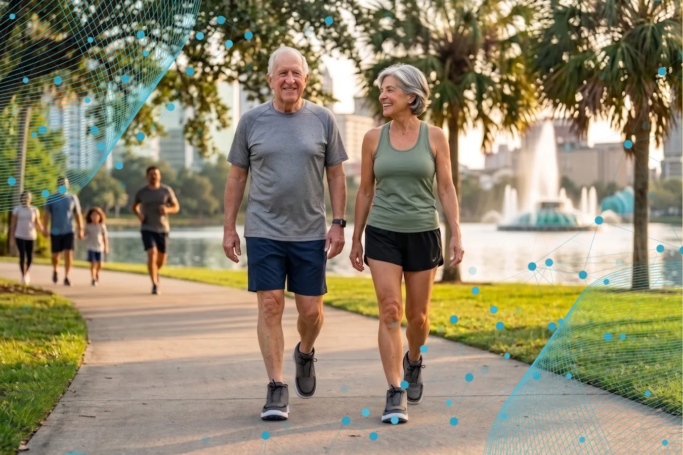 Older adults walking comfortably after addressing gait and knee pain with gait modification therapy.